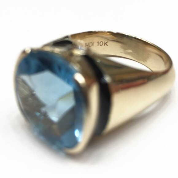 NWOT Custom Made Men's 10K YG Cushion Faceted Blue Topaz, Enamel & Diamond Ring - Picture 7 of 14